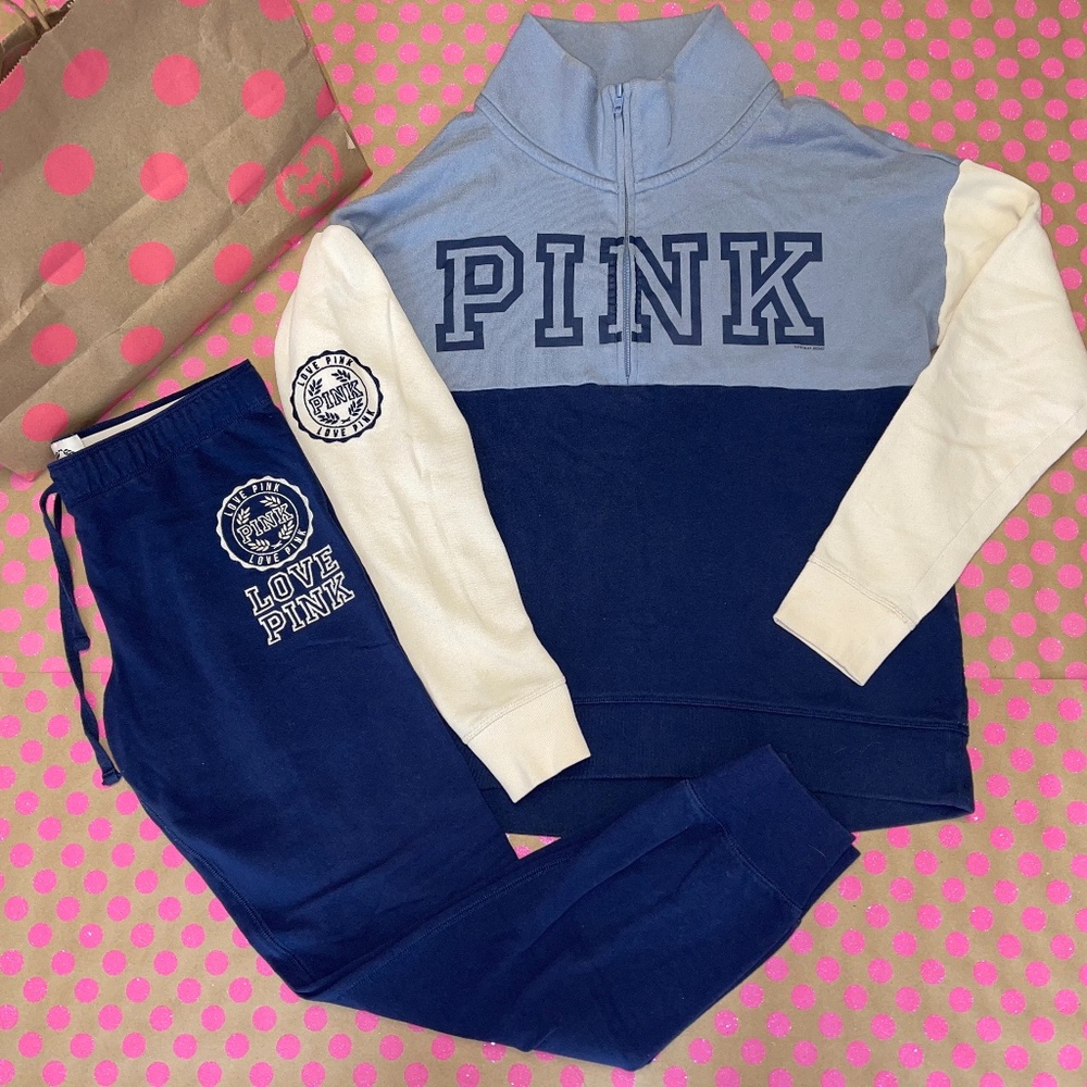 Victoria Secret PINK Half Zip Color Block Fleece & Jogger Set